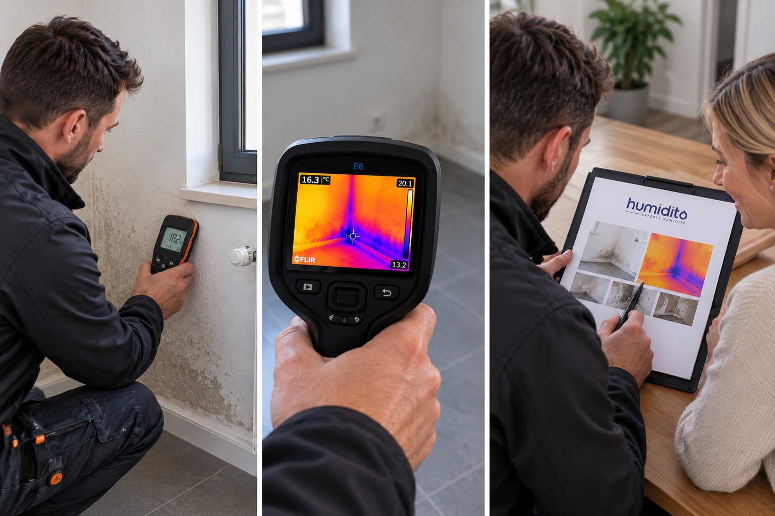 Les trois étapes du diagnostic Humidito : humidimètre, caméra thermique et rapport client